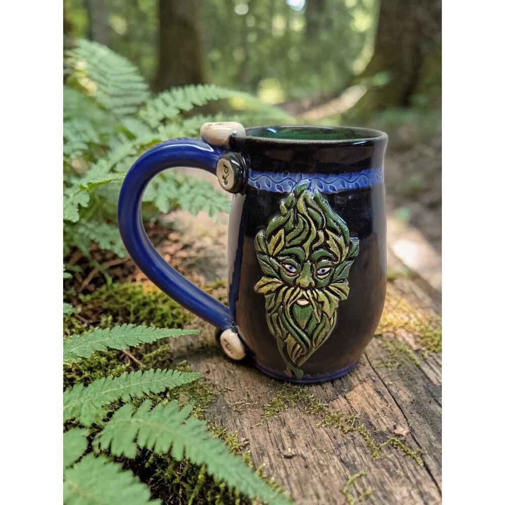 Pagan Green Man Face Mug Ceramic Studio Art Pottery Signed Tree Spirit Foliage